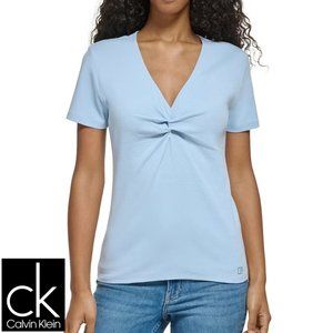 Calvin Klein Women's Twist Front V-Neck Casual Shirt Medium Cashmere Blue